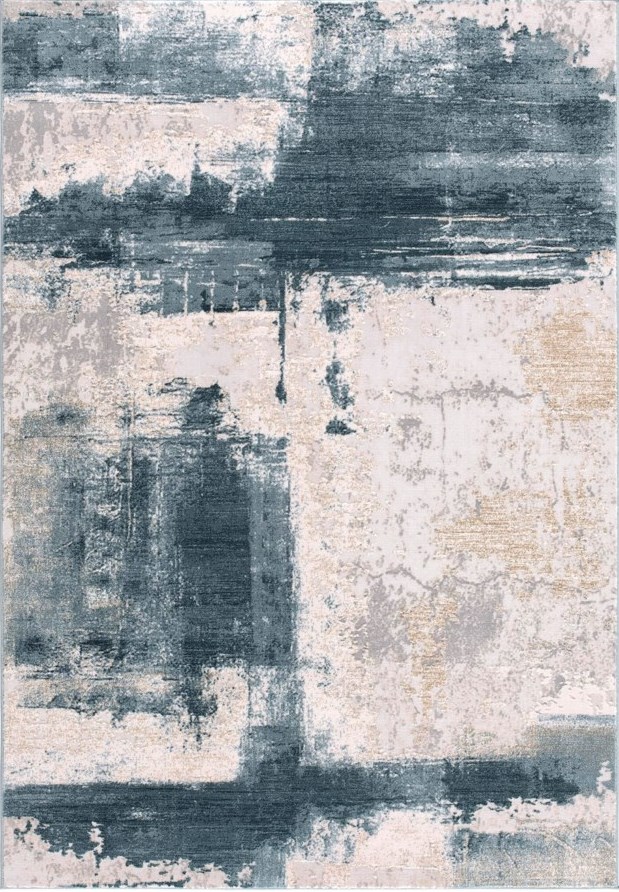 Picture of an area rug that has an abstract pattern of beiges and slate blues